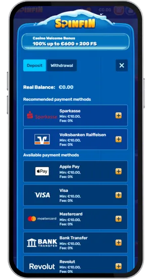 Casino cashier screen showing a £10 deposit field with Visa, Mastercard, and PayPal options
