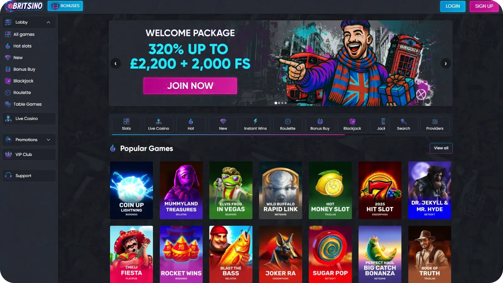 Britsino casino lobby showing slot categories, live games section and navigation menu on desktop and mobile
