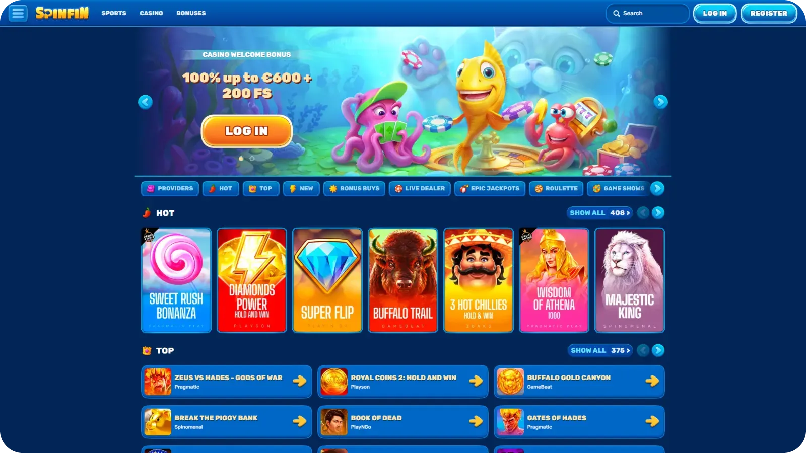Spinfin casino lobby with retro slot machine games, classic reels layout and simple navigation interface on desktop and mobile