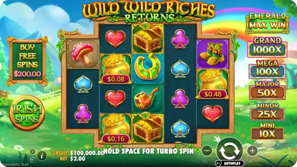 Wild Wild Riches slot gameplay with money collect symbols and Irish theme